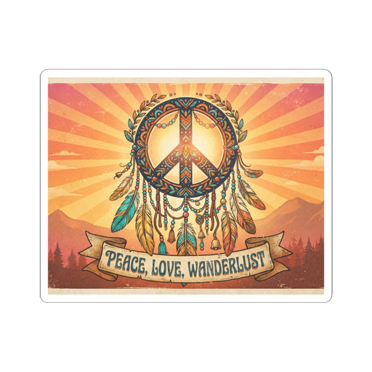 Peace, Love, Wanderlust Sticker - Boho Dreamcatcher Peace Sign Kiss-Cut Sticker