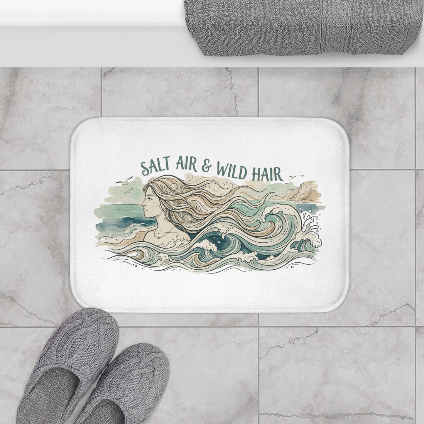 Salt Air & Wild Hair Bath Mat — Coastal Mermaid Bathroom Rug