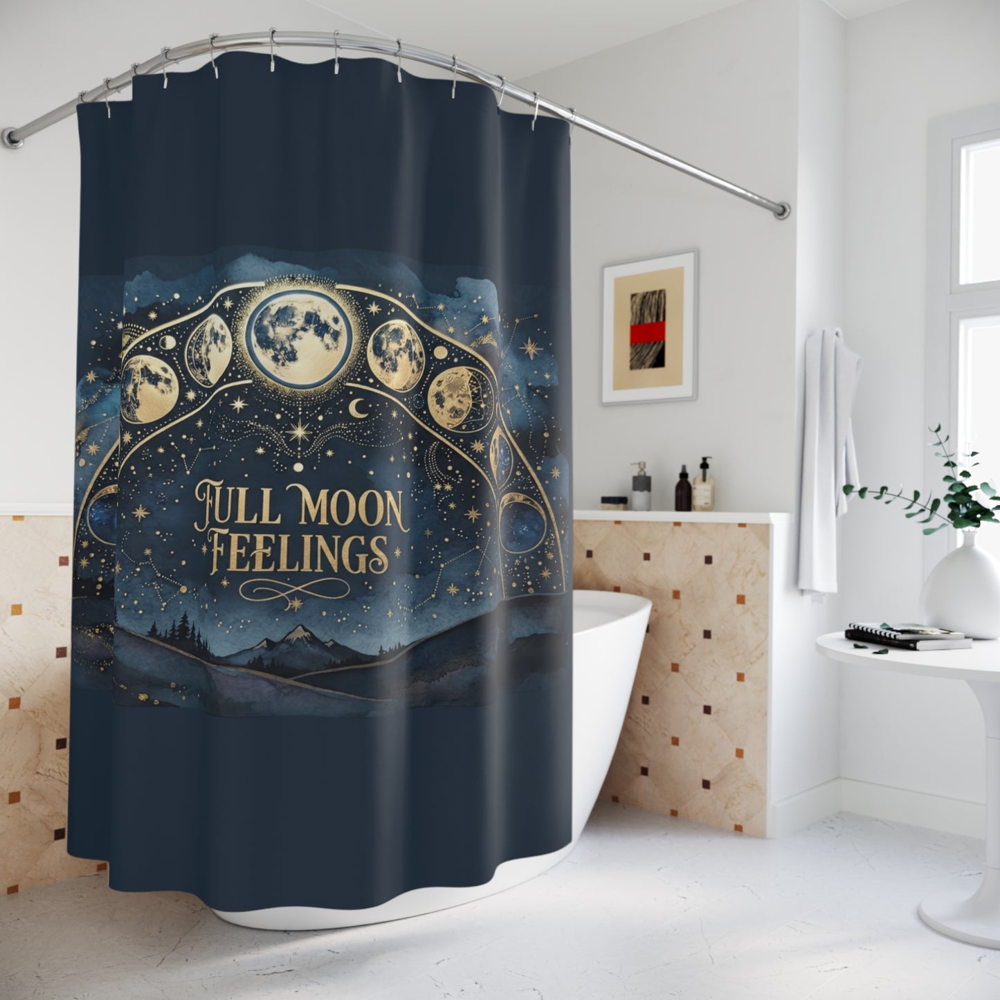 Full Moon Feelings Shower Curtain — Moon Phase Bathroom Decor