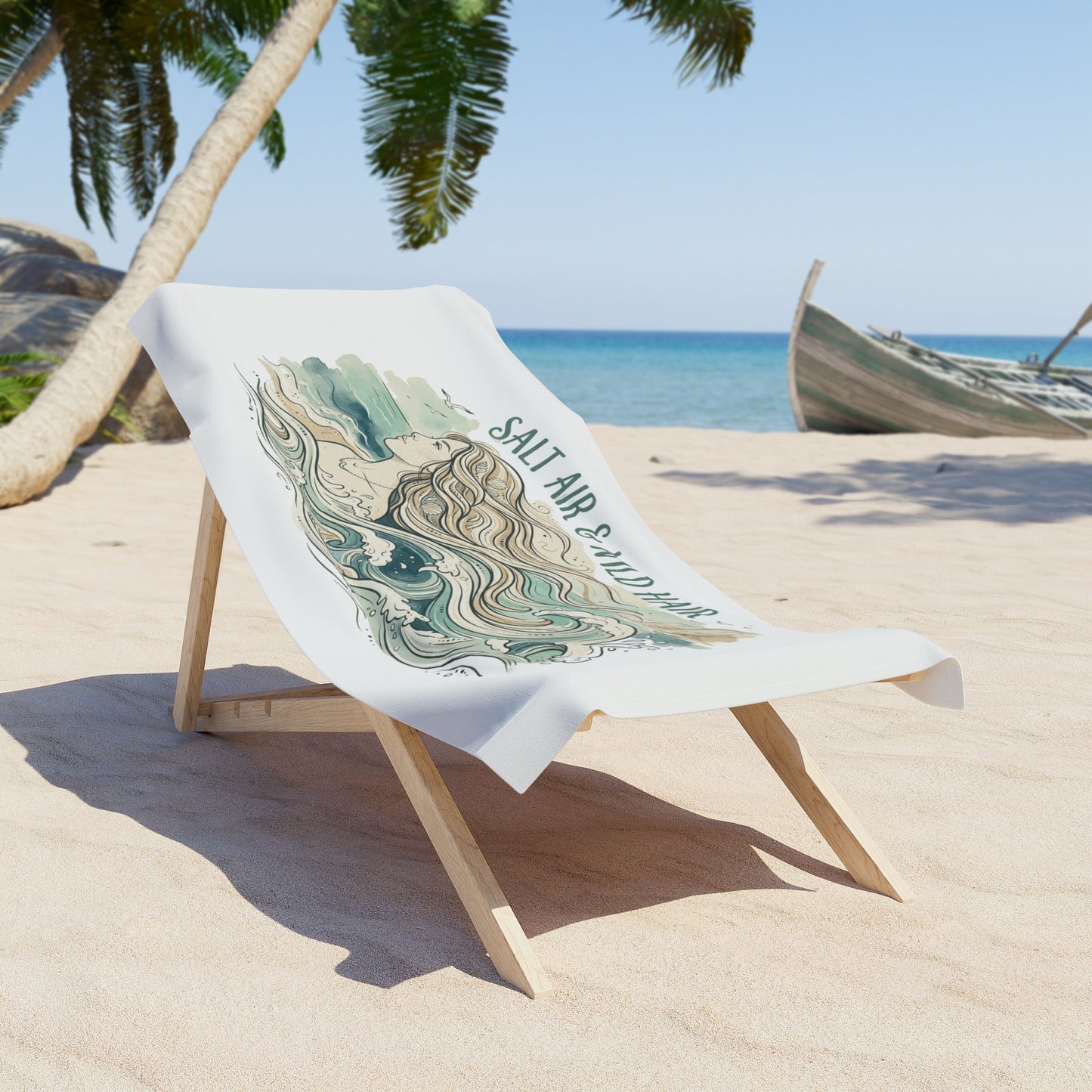 Salt Air & Wild Hair Beach Towel — Nautical Mermaid Wave Design