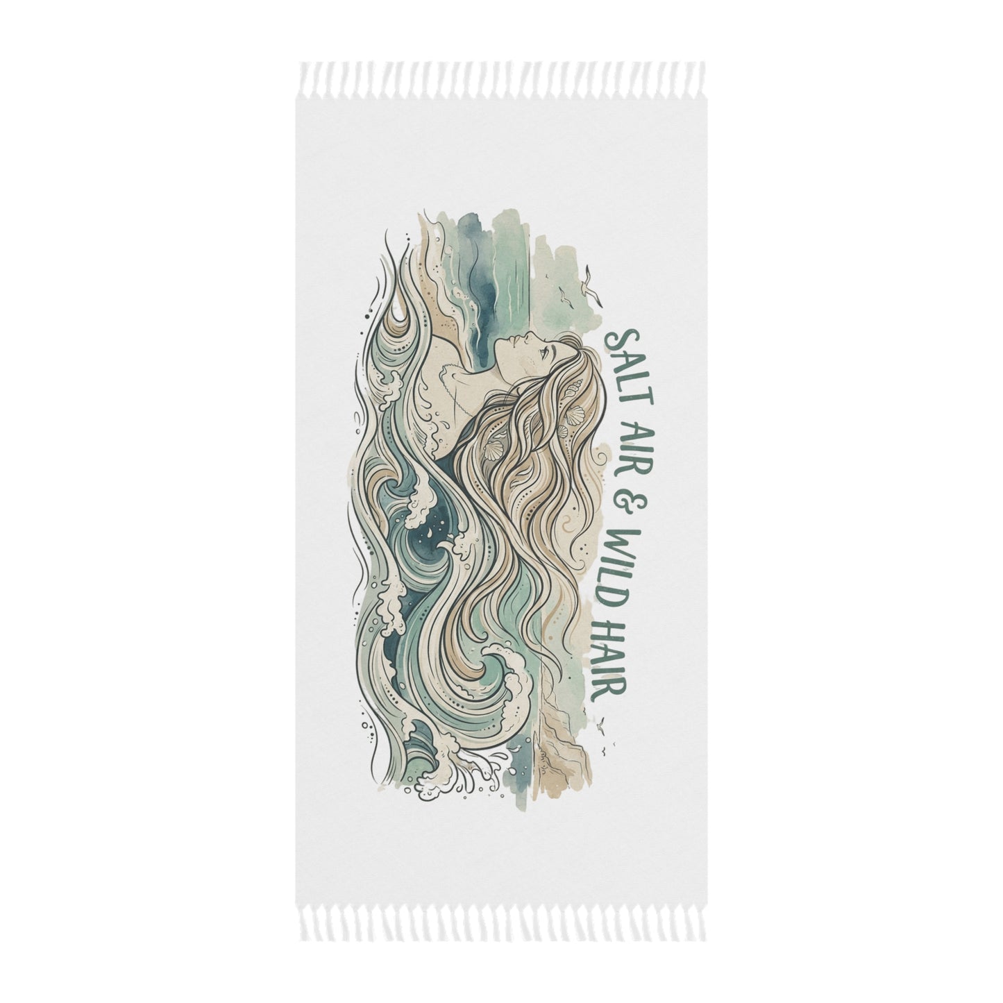 Boho Beach Towel — "Salt Air & Wild Hair" Mermaid Beach Towel, Coastal Bohemian Swim Cover-Up