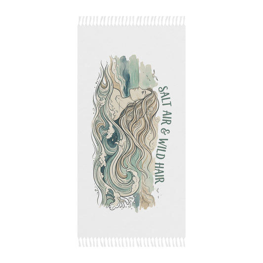 Boho Beach Towel — "Salt Air & Wild Hair" Mermaid Beach Towel, Coastal Bohemian Swim Cover-Up