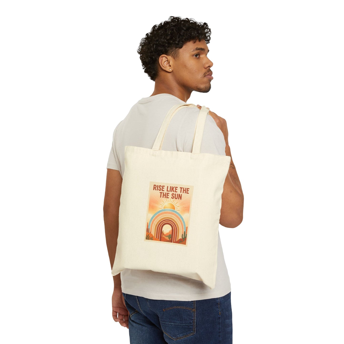 Rise Like the Sun Canvas Tote — Retro Rainbow Sunrise Tote Bag