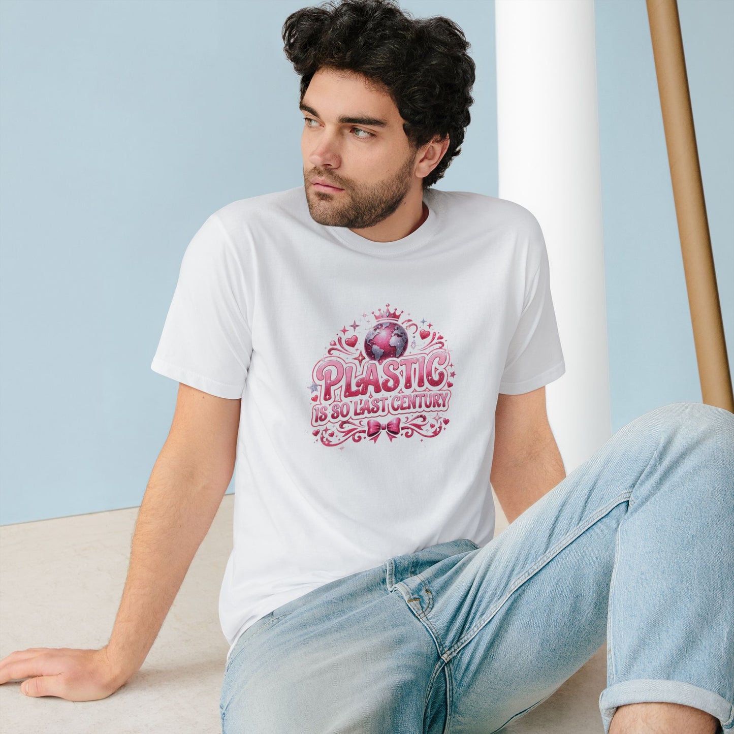 T-Shirt — "Plastic Is So Last Century" Retro Pink Eco Statement Tee