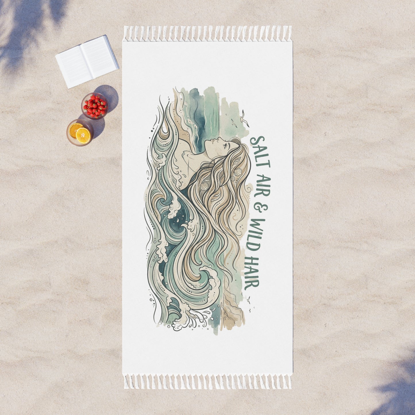 Boho Beach Towel — "Salt Air & Wild Hair" Mermaid Beach Towel, Coastal Bohemian Swim Cover-Up