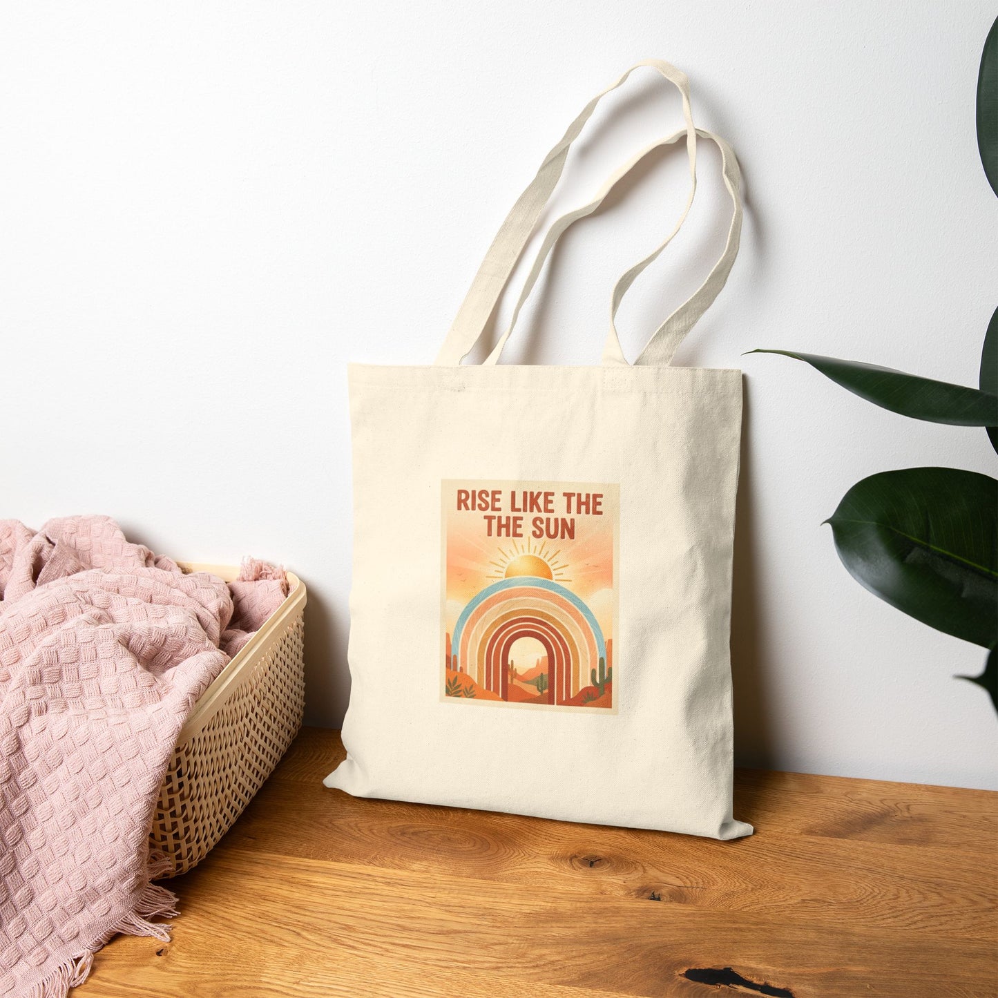 Rise Like the Sun Canvas Tote — Retro Rainbow Sunrise Tote Bag