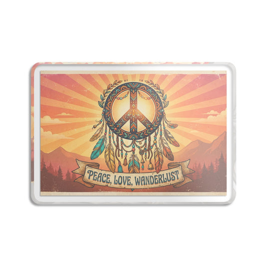 Peace, Love, Wanderlust Scenic Magnet — Boho Peace Sign Decor