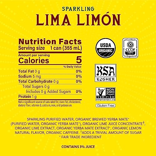 Sparkling Yerba Mate, Lima Limón - 12 oz Cans (Pack of 12)