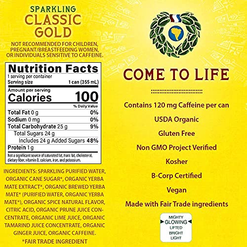 Sparkling Yerba Mate, Classic Gold - 12 oz Cans (Pack of 12)