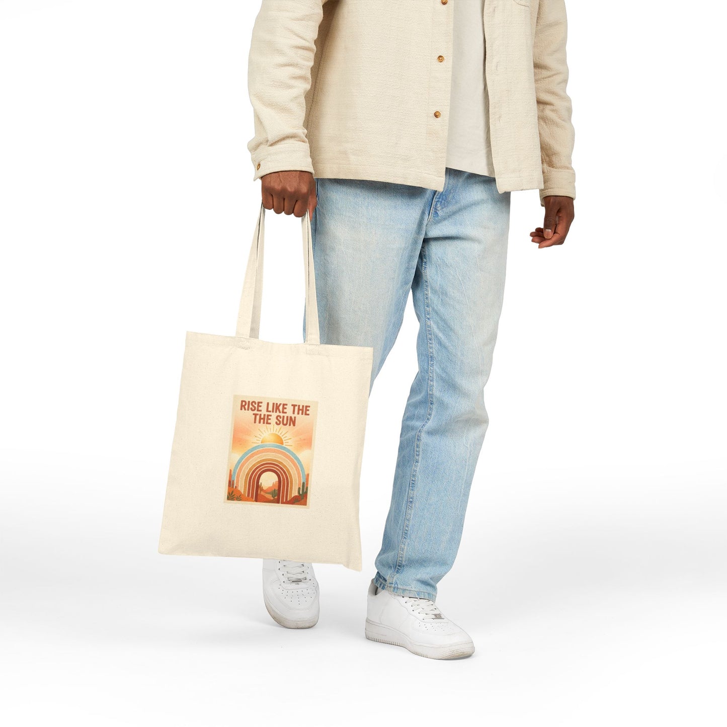 Rise Like the Sun Canvas Tote — Retro Rainbow Sunrise Tote Bag