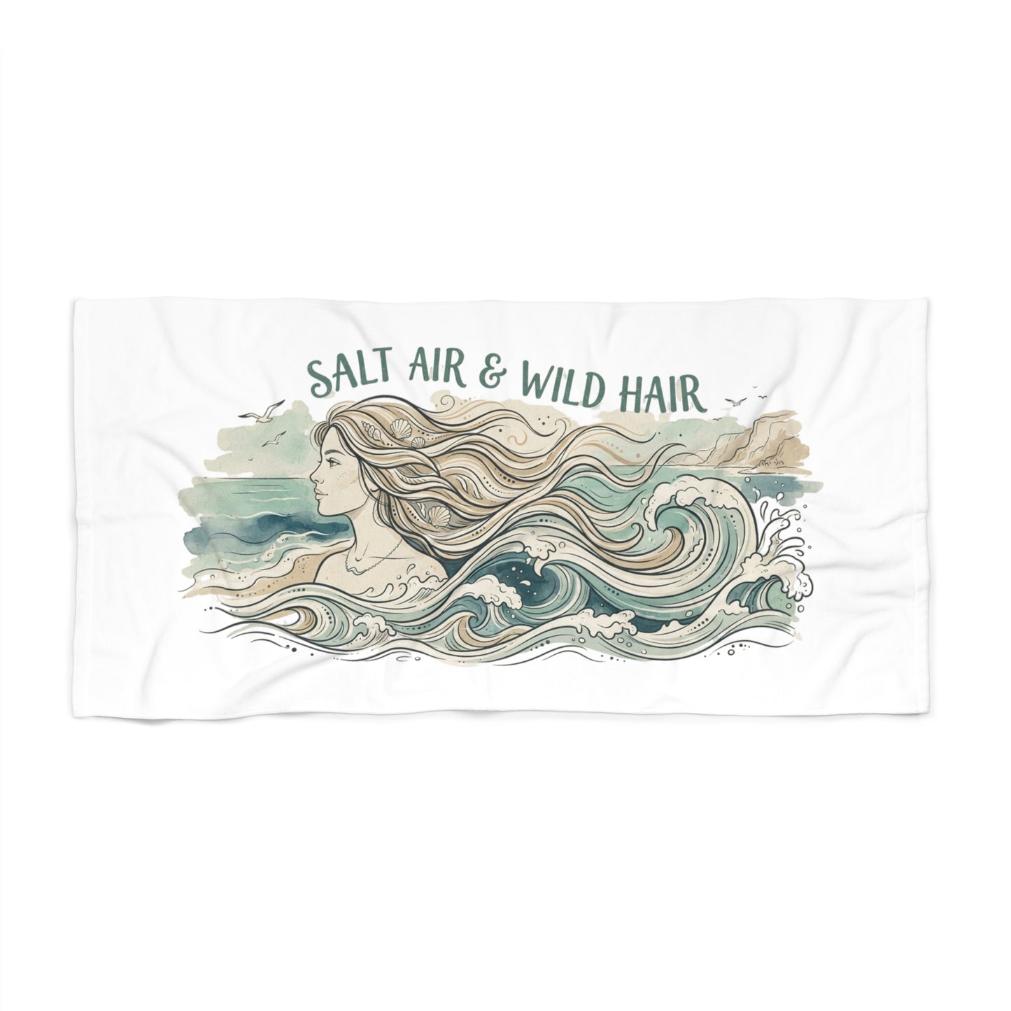 Salt Air & Wild Hair Beach Towel — Nautical Mermaid Wave Design