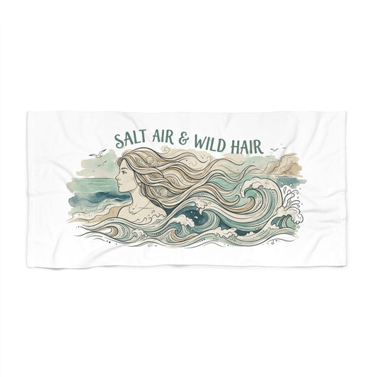 Salt Air & Wild Hair Beach Towel — Nautical Mermaid Wave Design